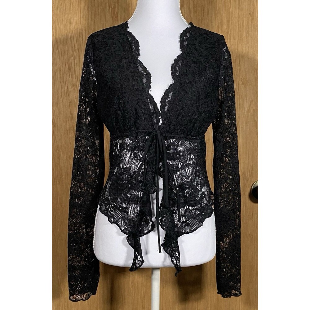 Women's M Black Lace Babydoll Top Tie Front Mesh WhimsiGoth Fairy Grunge Witchy